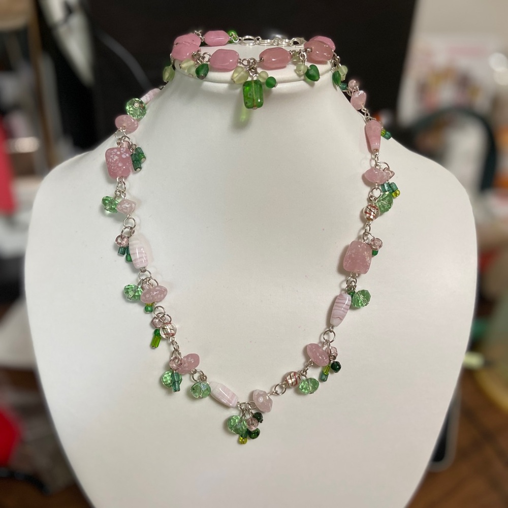 Pink and Green Glass Necklace and Bracelet Set